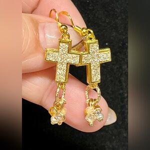 Pretty gold druzy cross cluster earrings, sterling with gold plate